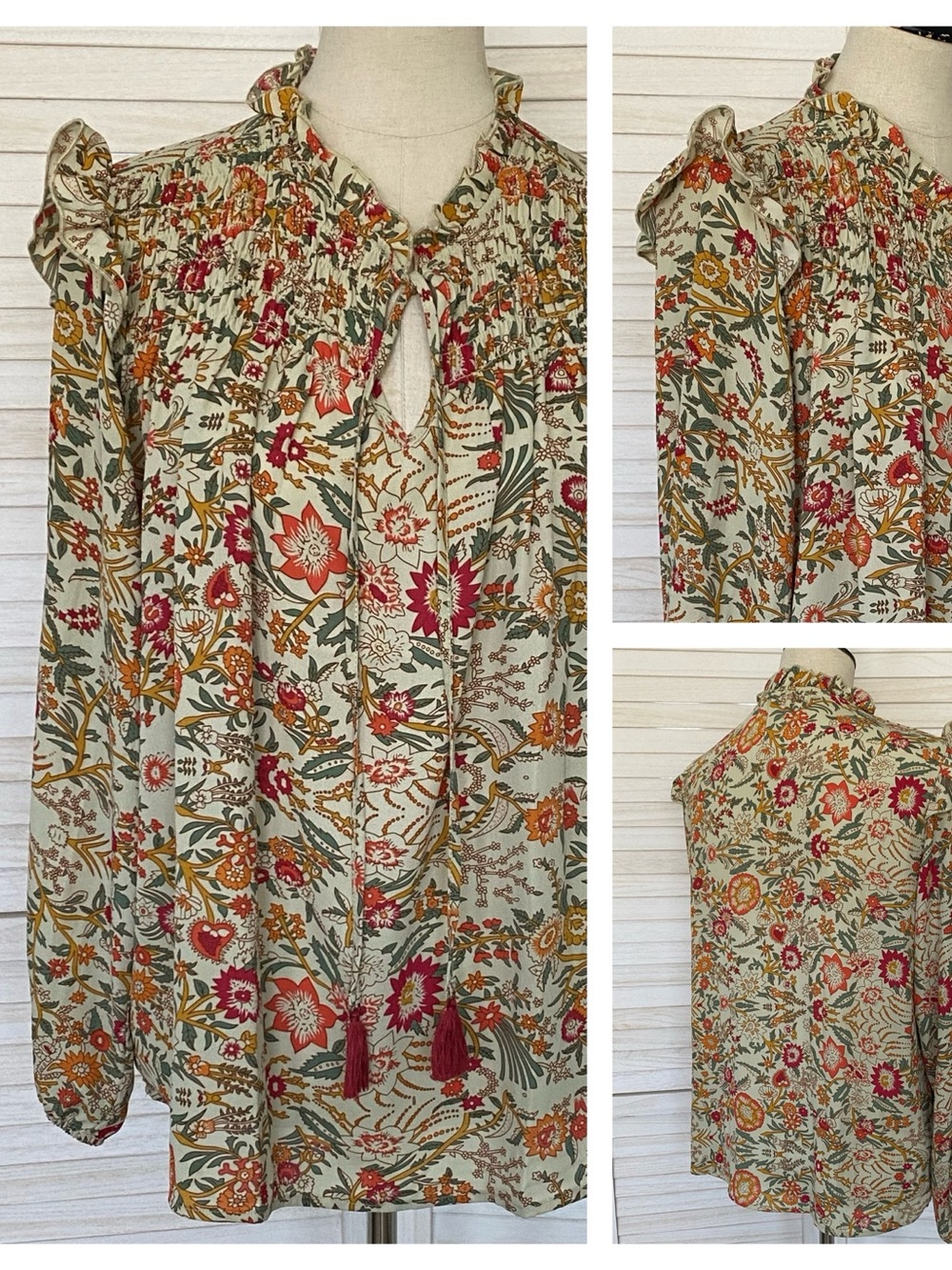 grand & greene Floral Smocked Ruffle Blouse SZ M Fall Vibe
